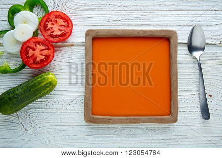 Gazpacho andaluz is a fresh tomato soup and vegetables of Andalusian Spain