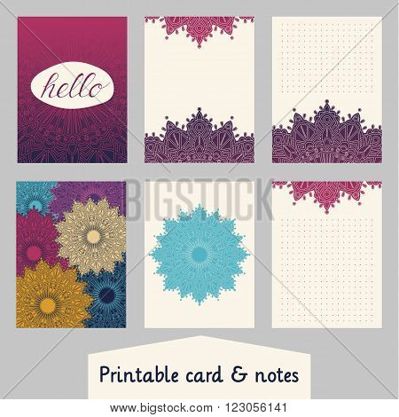 Set of creative cards with mandalas design. Template for scrapbooking wrapping congratulations invitations printable card planner wedding invitation notebooks diary. Vector