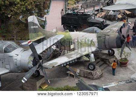Hanoi, Vietnam - Feb 28, 2016: Old US shot down jet fighter and B52 bomber during Vietnam War being exhibited outdoor at Vietnam Military History Museum in Hanoi capital.