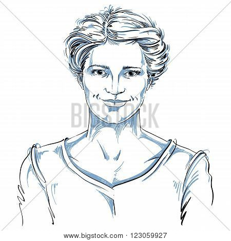 Vector drawing of smiling woman with stylish haircut. Black and white portrait of attractive content lady.