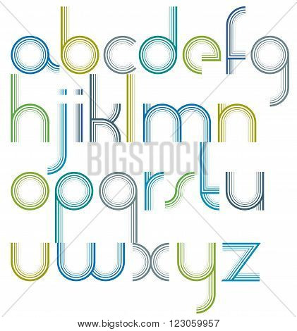 Rounded light parallel lowercase letters striped colorful font on white background.