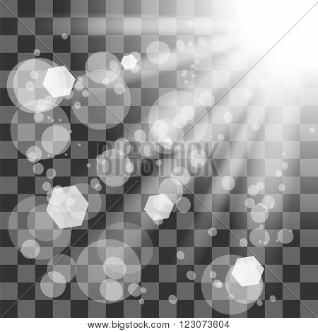 Transparent Sun Light on Checkered Background. Shiny Sunburst of Sunbeams.