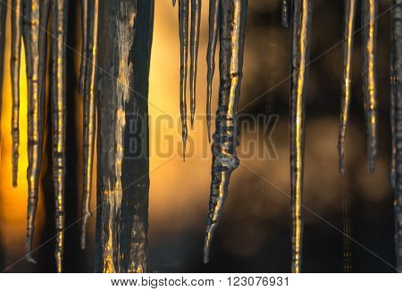 Abstract background of natural icicle formation through glass as morning sun rises.  Long icicles on a wintry January morning. Sunshine dawning through icicles that hang low from a roof's edge.