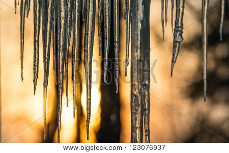 Abstract background of natural icicle formation through glass as morning sun rises.  Long icicles on a wintry January morning. Sunshine dawning through icicles that hang low from a roof's edge.