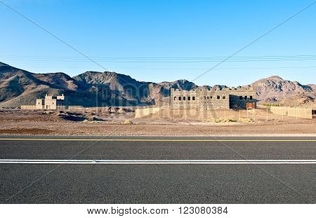 Mountain view with Turkish fort on the road from Medina to Al Ula.