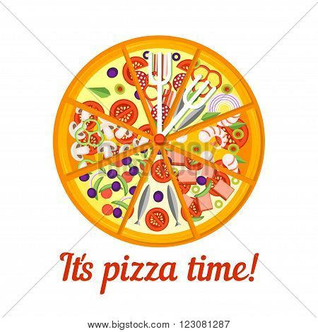 Pizza Icon isolated on a white background. Pizza slice. Pizza Icon in a flat style. Pizza Icon of different pieces. Pizza with cheese tomatoes basil shrimp anchovies and mushrooms. Vector illustration.