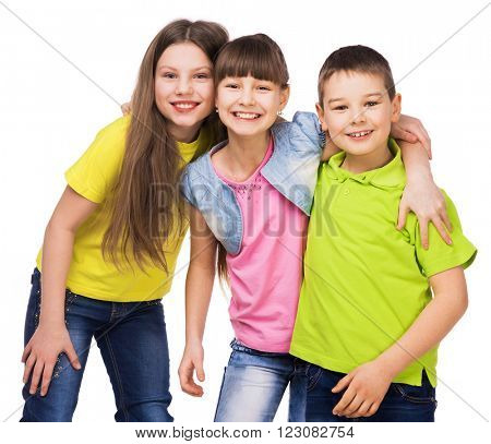 three happy children embrasing each other