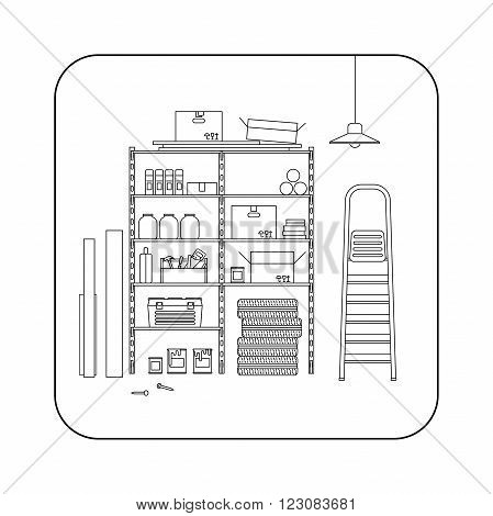 Storeroom line interior with metal storage. Vector thin illustration of garage or storeroom.