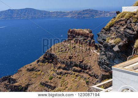 View on cliff Scaros and caldera of Santorini island, Greece