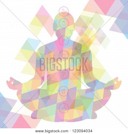 The girl is engaged in yoga and chakra symbols
