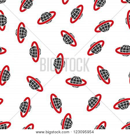 Planetary Ring vector seamless repeatable pattern. Style is flat red and dark gray planetary ring symbols on a white background.