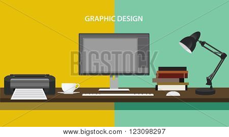 Graphic Design Profession Workdesk With Monitor Printer Books Lamp Pc Computer Vector Illustration