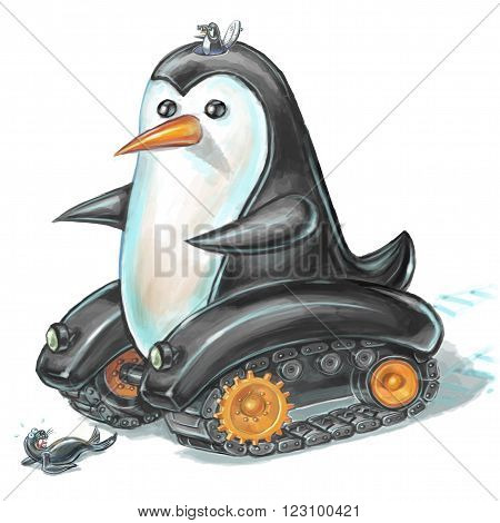 Cartoon Illustration of A sea lion or seal terrorized by, scared of, or in fear of a penguin in a giant penguin shaped tank or tracked vehicle.
