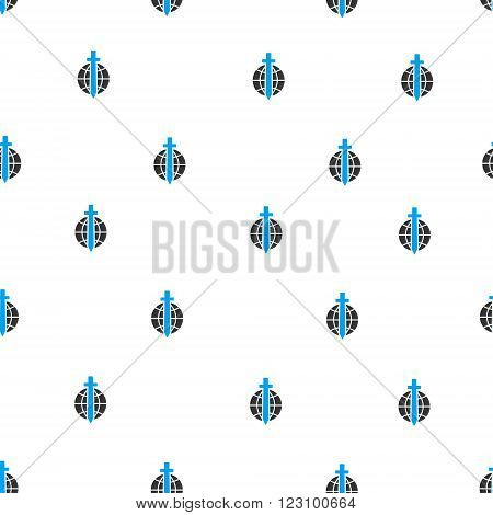 Global Guard Sword vector seamless repeatable pattern. Style is flat blue and dark gray global guard sword symbols on a white background.