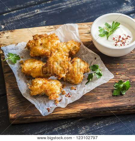 Crispy fried fish on a wooden rustic board