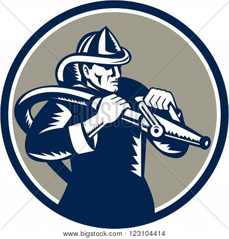 Vintage style illustration of a fireman fire fighter emergency worker holding fire hose aiming viewed from the side set inside circle done in retro woodcut style.
