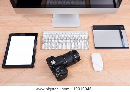 Dslr Digital Camera With Tablet And Computer Pc