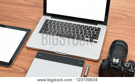 Dslr Digital Camera With Tablet And Notebook Laptop
