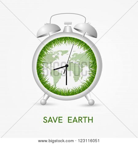 Save earth concept - wecker clock with green grass and map showing earth hour time. Vector illustration.