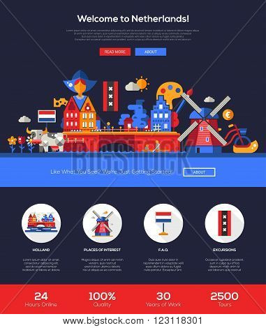 Welcome to Holand travel web site one page website template layout with flat header, banner, icons and other flat design web elements, famous Dutch symbols