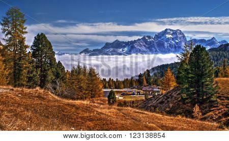 Dolomites, Italy - View from passo Falzarego to massif Sorapiss