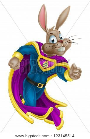 A cute cartoon superhero Easter Bunny character running