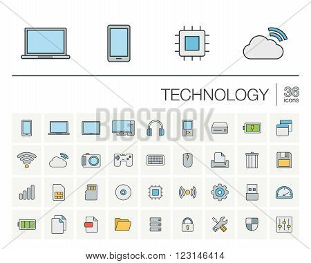Vector thin line icons set and graphic design elements. Illustration with technology and digital outline symbols. Mobile phone, cloud computing, cogwheel, settings, network and media linear pictogram
