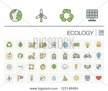 Vector thin line color icons set and graphic design elements. Illustration with ecology outline symbols. Eco, bio, environmental, wind power, recycle linear pictogram