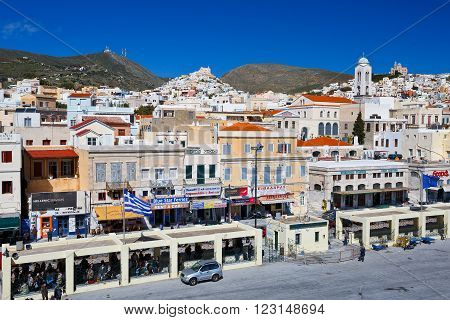 SYROS, GREECE - MARCH 06, 2016: Town of Ermoupoli on Syros island as seen from the ferry on March 04, 2016.