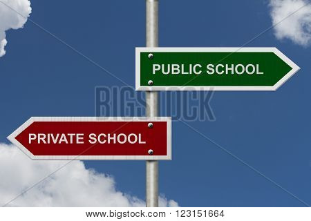 Public School versus Private School concept Red and Green street signs with blue sky with words Public School versus Private School