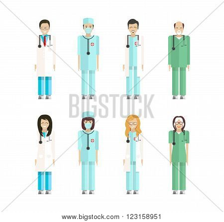 Stock vector set of isolated characters, doctors, nurses, male nurse, ambulance staff, therapists of polyclinics, medical staff of clinics in flat style  for icons, websites, printed materials