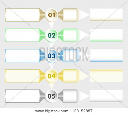 Infographics step by step template with five buttons, paper banners and arrows