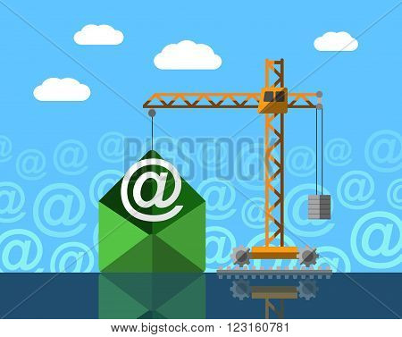 Crane lifting E-Mail symbol from envelope, colorful concept.