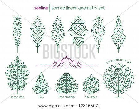 Vector linear abstract emblem set, thin line design logo and signs of trees, geometric shapes