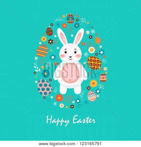 Stock vector illustration Happy Easter with Easter bunny, colored Easter eggs, spring decoration, leaves, flowers in flat style on blue background to printed materials, website, postcard, greeting