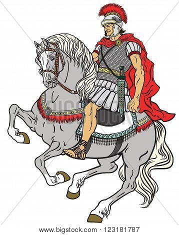 roman warrior riding the horse isolated on white