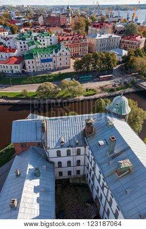 Vyborg (Viipuri) panorama view in sunny autumn day. Old center and St.Olav castle. Russia.