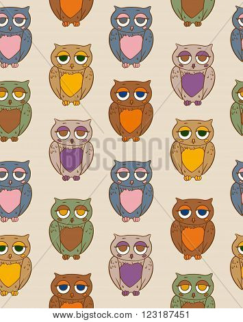 Seamless Vector Pattern with Multicilored Owls on a Beige Background