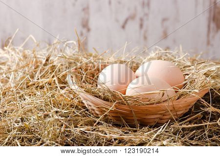 Horizontal photo of several hen eggs which are placed on nice haystack from dried straws and inside wicker basket. Light wooden wall is in background.