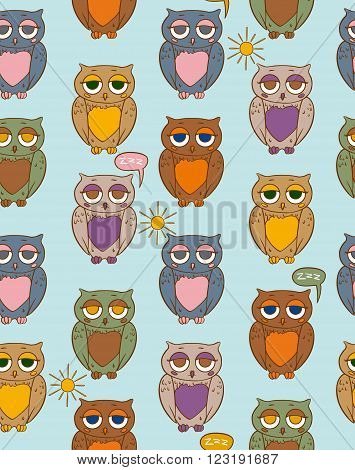 Seamless Vector Pattern with Sleepy Multicilored Owls on a Sunny Day