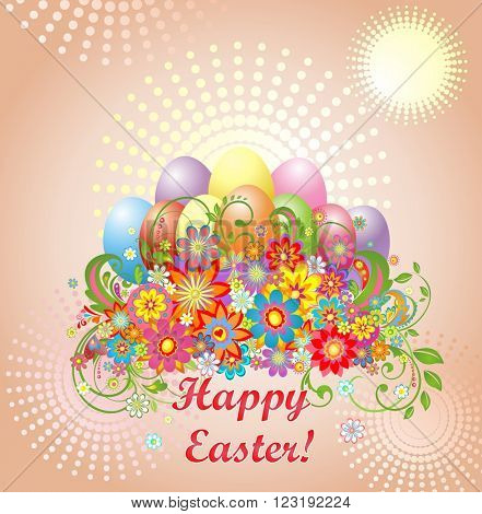 Easter greeting with colorful eggs and flowers