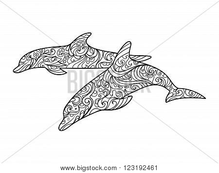 Dolphin sea animal coloring book for adults vector illustration. Anti-stress coloring for adult. Zentangle style. Black and white lines. Lace pattern