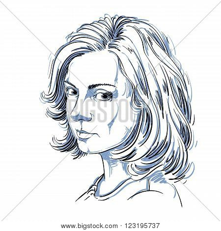 Artistic hand-drawn vector image black and white portrait of delicate melancholic peaceful girl. Emotions theme illustration. Attractive model.