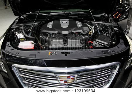 NEW YORK - March 23: A Cadillac CT6 hood open and exhibit at the 2016 New York International Auto Show during Press day,  public show is running from March 25th through April 3, 2016 in New York, NY.
