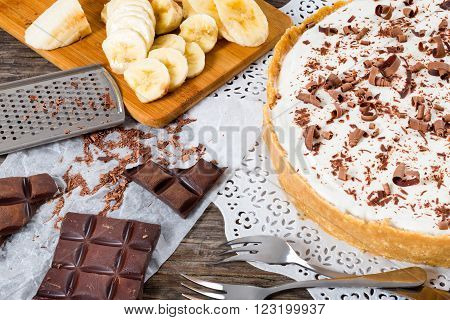 banoffee with banana decorated by chocolate authentic english dessert close-up