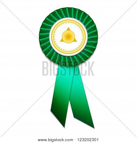Green badge with green ribbons and gold signs