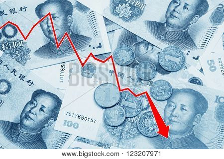 Graph illustrating the decline of the Chinese Yuan or RMB on the international market over a collage of Chinese money