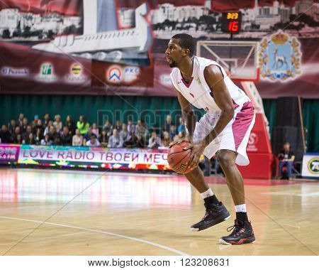 SAMARA RUSSIA - NOVEMBER 06, 2013: BC Krasnye Krylia forward Demetris Nichols (8) with ball is on the attack during the BC Royal Hali Gaziantep game on November 06 2013 in Samara Russia.