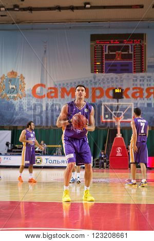 SAMARA RUSSIA - NOVEMBER 06, 2013: BC Royal Hali Gaziantep forward Oliver Stevic (9) prepares to shoot a free throw during the BC Krasnye Krylia game on November 06 2013 in Samara Russia.