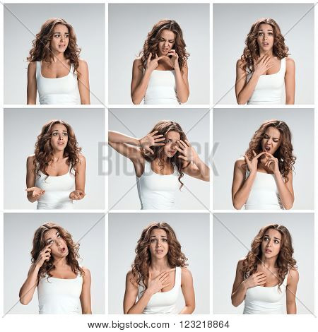 The collage from portraites of pleading woman with different emotions on gray